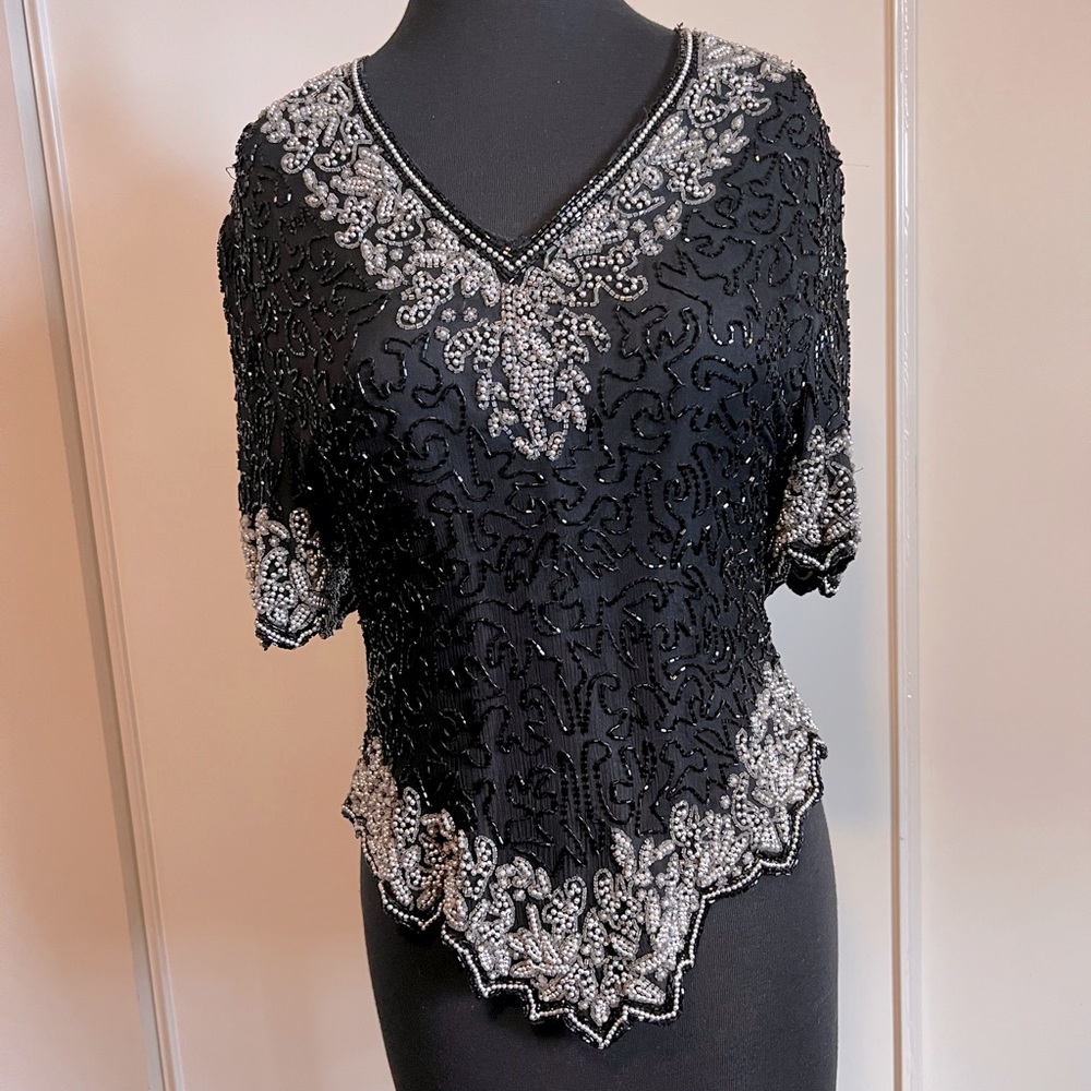 Vintage beaded black top. Unknown brand. M.